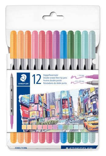 Флумастри Staedtler 3200, двувърхи, 12 цвята, ПАСТЕЛНИ