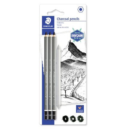 Въгленови моливи Staedtler Mars Lumograph, 3бр+четка