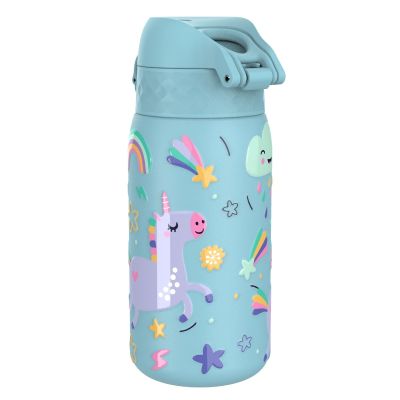 Бутилка за вода Ion8 Print, метална, 400ml, ЕДНОРОЗИ СИН