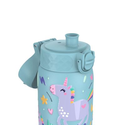 Бутилка за вода Ion8 Print, метална, 400ml, ЕДНОРОЗИ СИН