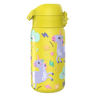 Бутилка за вода Ion8 Print, метална, 400ml, ЕДНОРОЗИ ЖЪЛТА