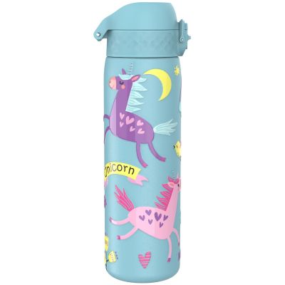 Бутилка за вода Ion8 Print, метална, 600ml, ЕДНОРОЗИ СИН
