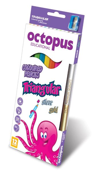 Цветни моливи Octopus, 12 цвята + златен/сребърен