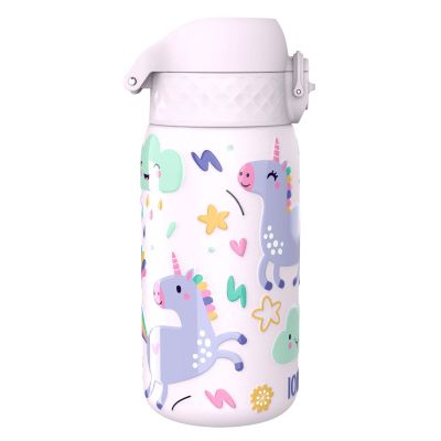 Бутилка за вода Ion8 Print, метална, 400ml, ЕДНОРОЗИ