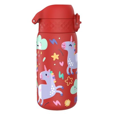 Бутилка за вода Ion8 Print, метална, 400ml, ЕДНОРОЗИ ЧЕРВЕН